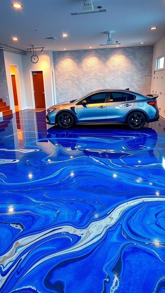 A modern garage with glossy blue epoxy flooring and a parked car.