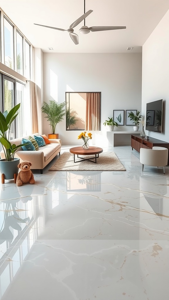 Living room with glossy marble effect epoxy flooring