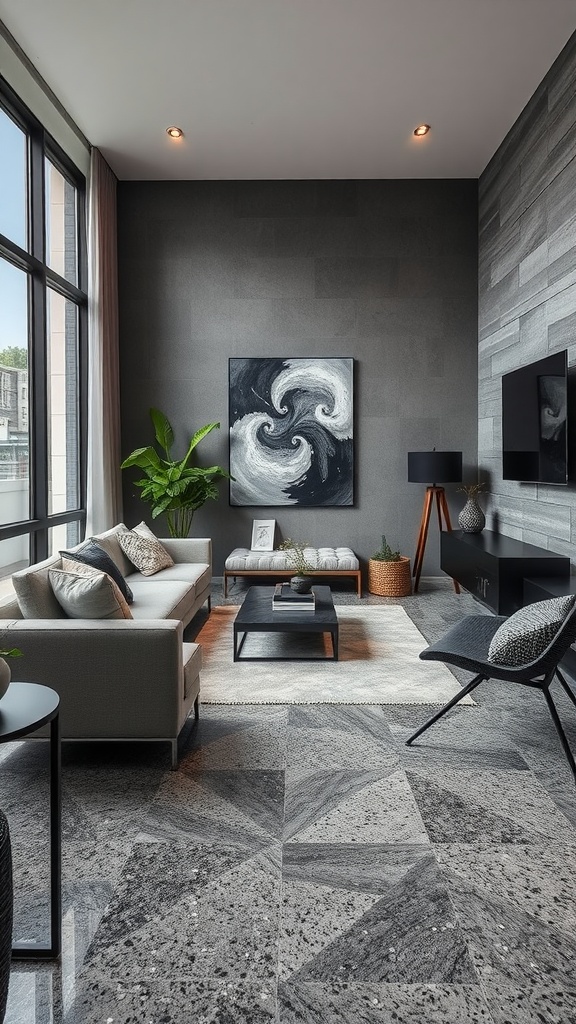 A spacious interior showcasing a glossy metallic epoxy floor with colorful patterns and designs under bright lights, enhancing the artistic space.