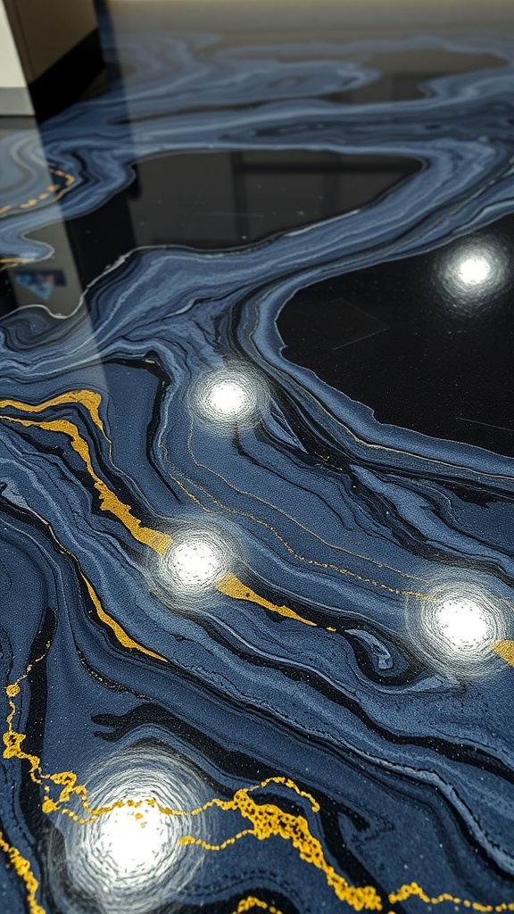 Glossy metallic epoxy floor showcasing blue and gold swirls with reflections from overhead lights.