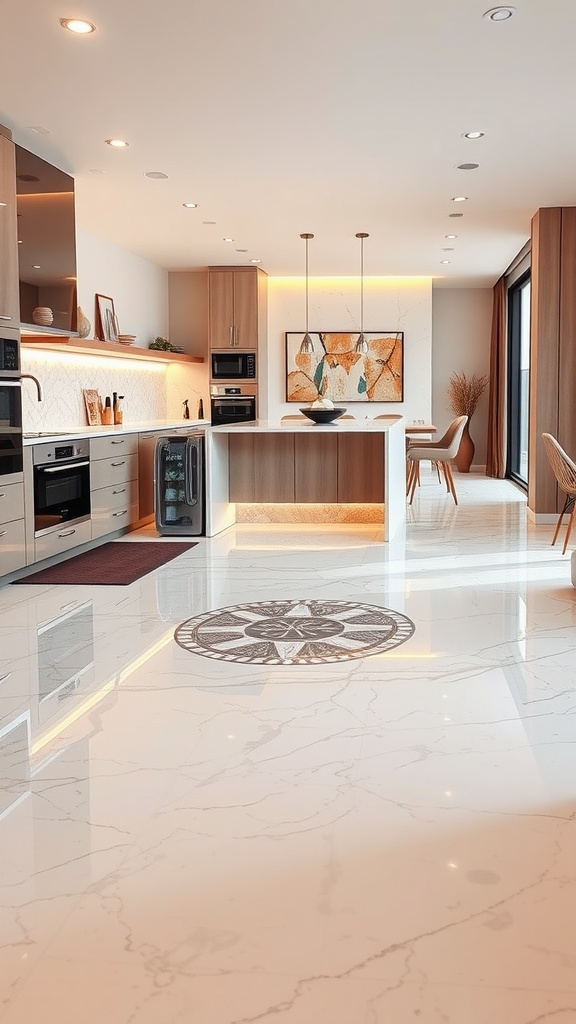 Modern kitchen with a glossy metallic epoxy floor, showcasing a stylish design and bright ambiance.