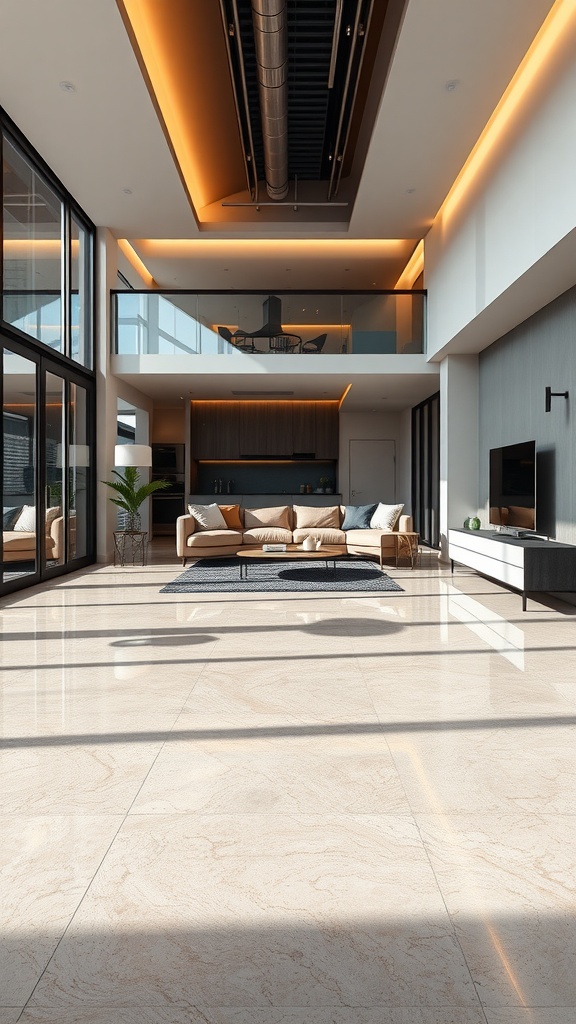 Modern interior with glossy metallic epoxy floor and stylish decor