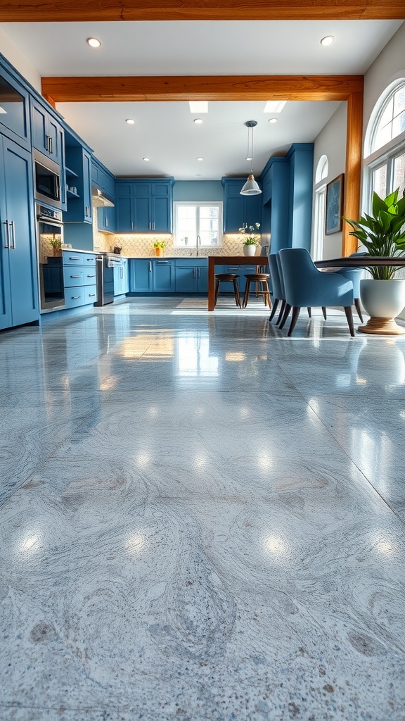 A stylish blue kitchen featuring a glossy metallic epoxy floor with a reflective surface.