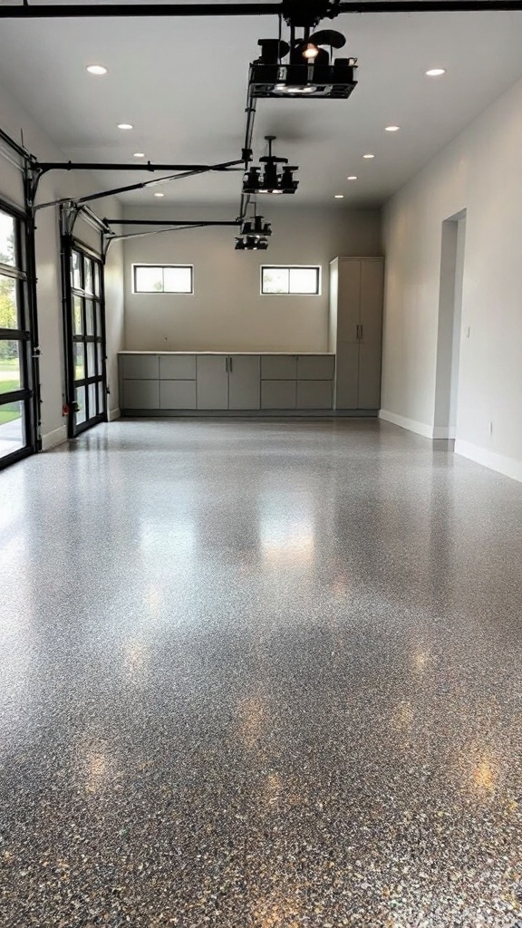 Glossy metallic epoxy floor in a modern garage with light fixtures and cabinets
