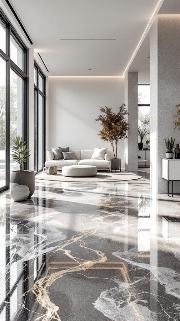 A modern living room featuring glossy metallic epoxy floors with a stylish sofa and plants