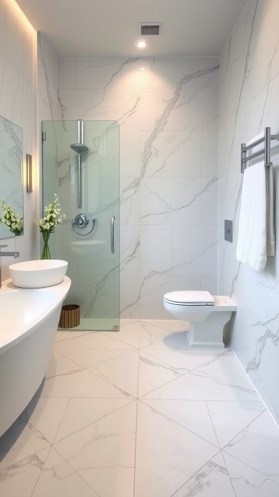 A modern bathroom featuring a glossy metallic epoxy floor with geometric patterns.