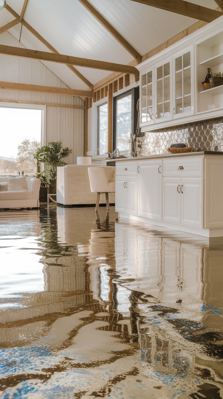 Interior view of a barndominium with a glossy metallic epoxy floor reflecting light