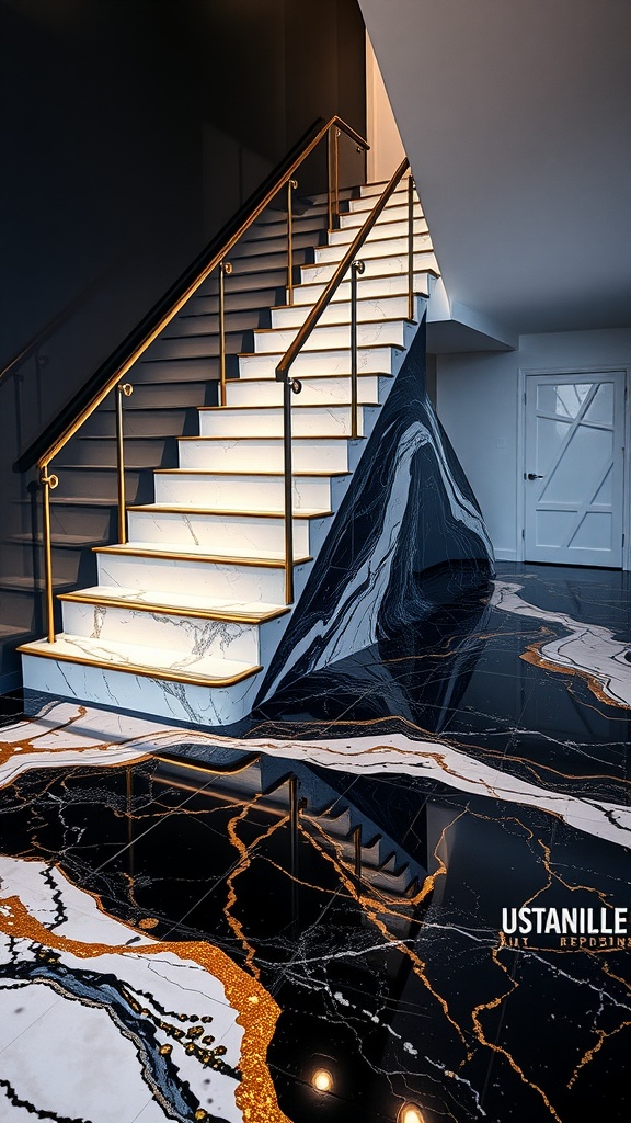 Glossy metallic epoxy resin flooring on a staircase with white and gold marble design.