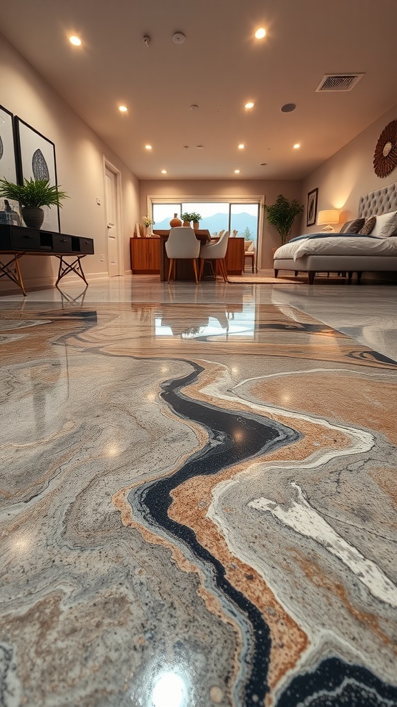 Glossy metallic epoxy floor in a modern living room and bedroom setting, showcasing intricate patterns and reflections.