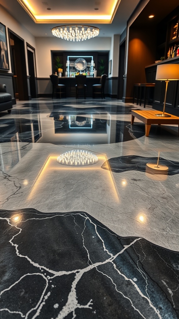 A luxurious metallic epoxy floor in a modern home bar setting, featuring a reflective surface that resembles marble.