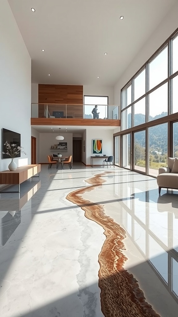 A beautifully designed interior space featuring glossy river effect epoxy flooring, showcasing a flowing design that resembles a natural river.