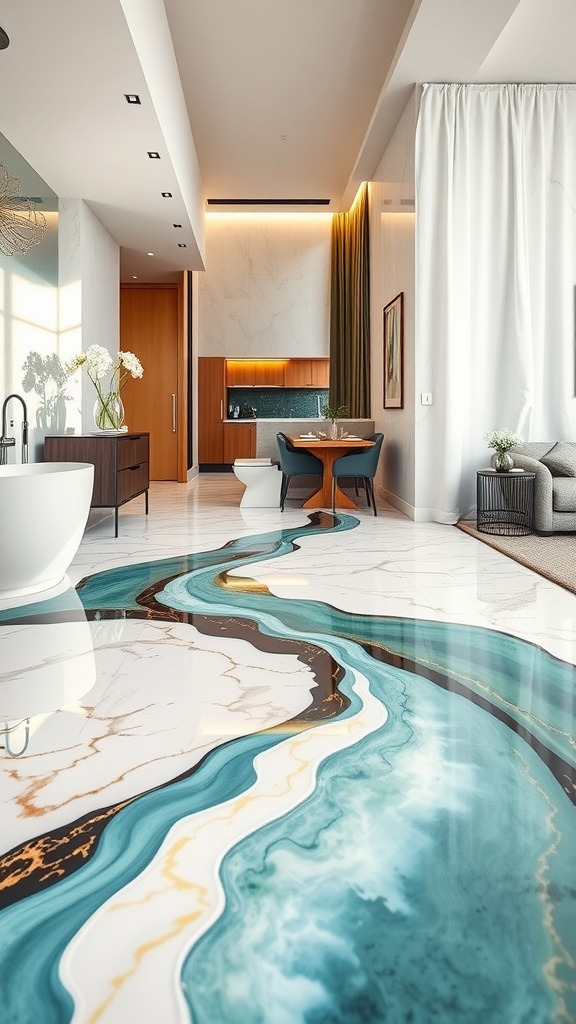 A modern living space featuring glossy river effect flooring with blue and earthy tones, creating a serene atmosphere.