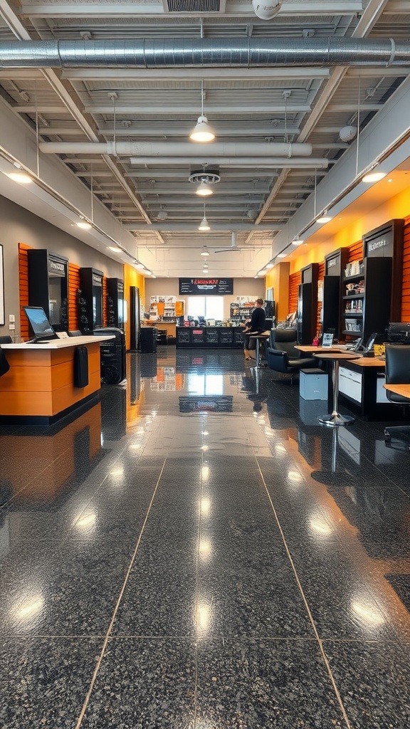 Interior space showcasing glossy and matte epoxy flooring finishes.