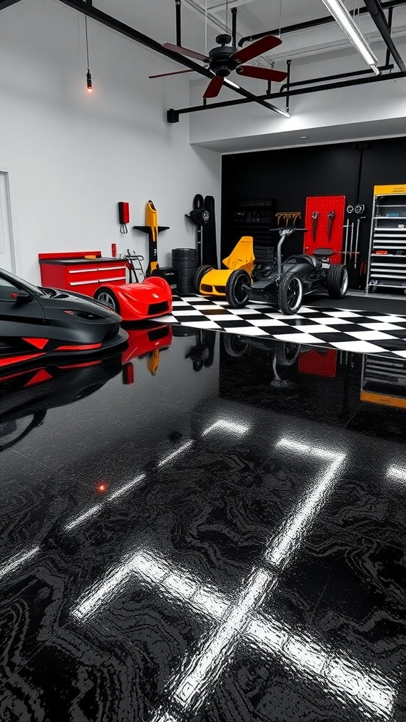 A modern garage with a glossy white floor and colorful accents, featuring sleek cars and organized tools.