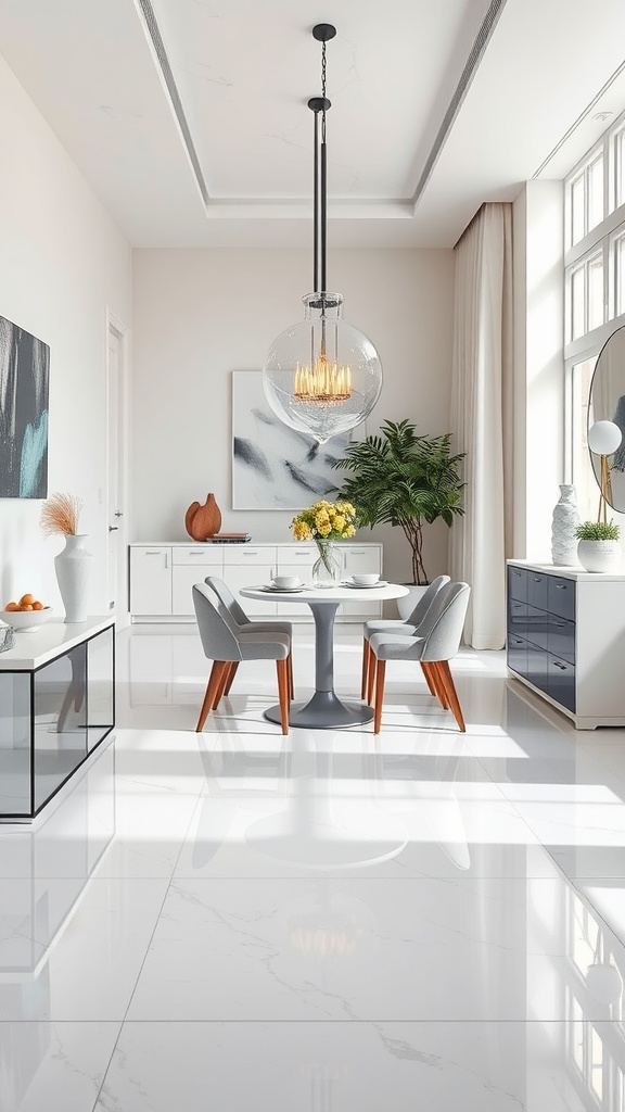 A modern dining area with glossy white epoxy flooring and minimalist decor.