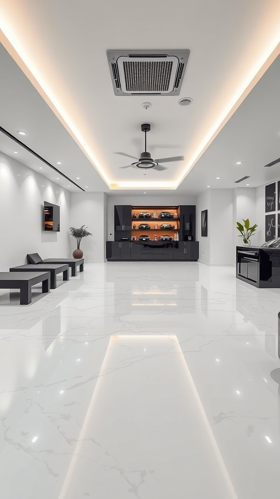 Sleek interior space featuring shiny white epoxy flooring, minimalist furniture, and modern ceiling lights.