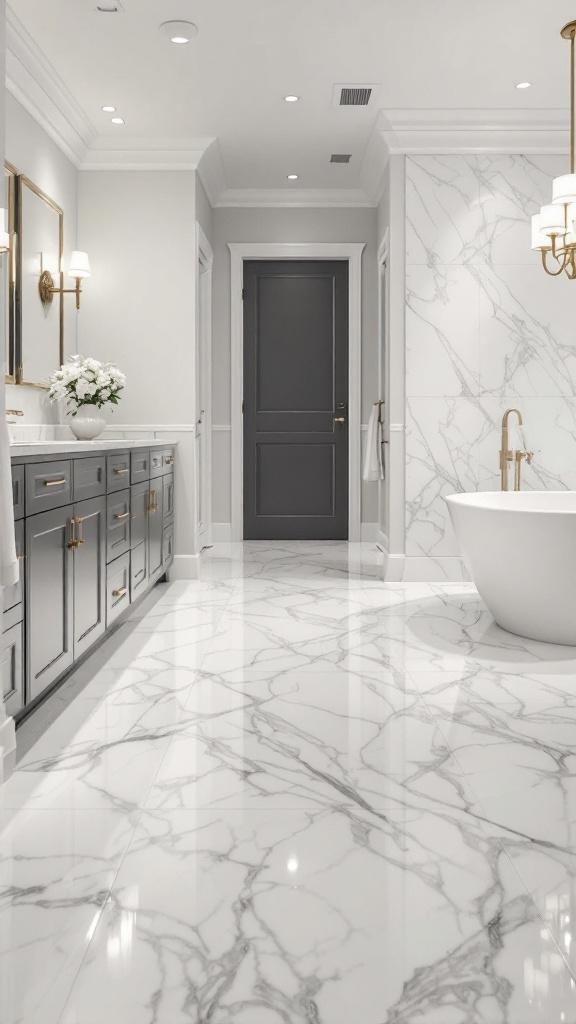 A modern bathroom featuring glossy white marble effect flooring with gray veining, dark cabinetry, and gold fixtures.