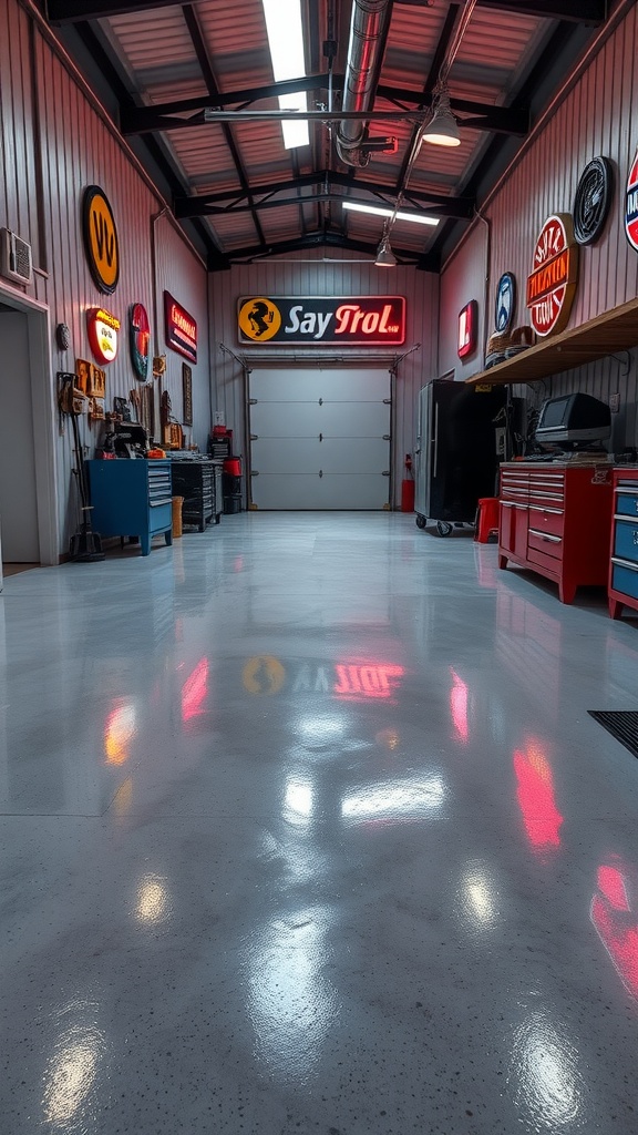 A sleek workshop with polished epoxy flooring reflecting colorful neon signs