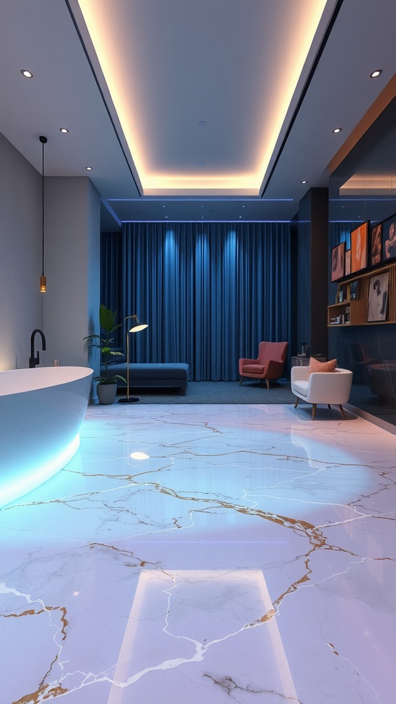 A modern interior featuring stunning glow-in-the-dark epoxy flooring with a marble effect.