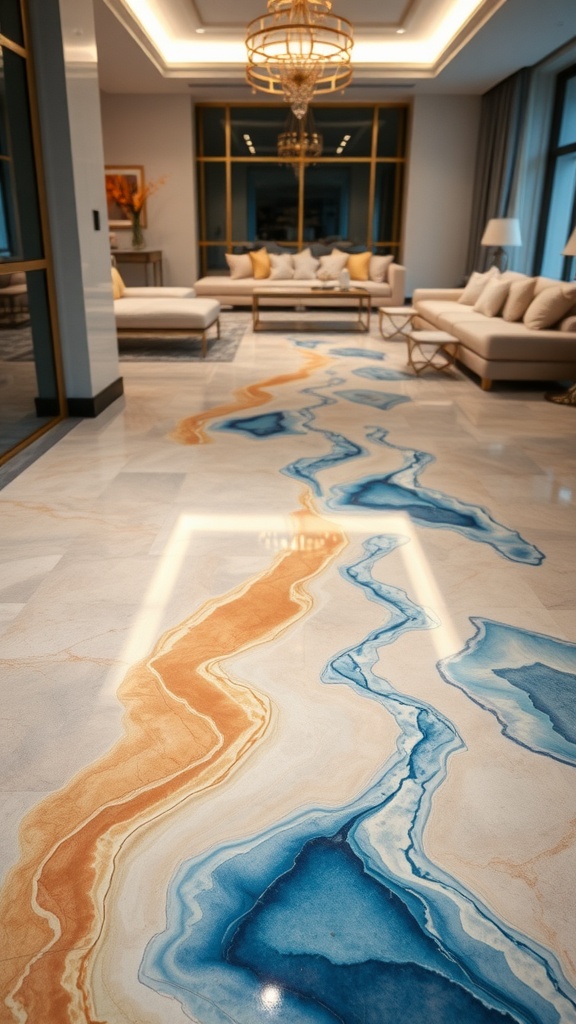 Glow-in-the-dark epoxy floor design featuring colorful aquatic elements in a modern kitchen