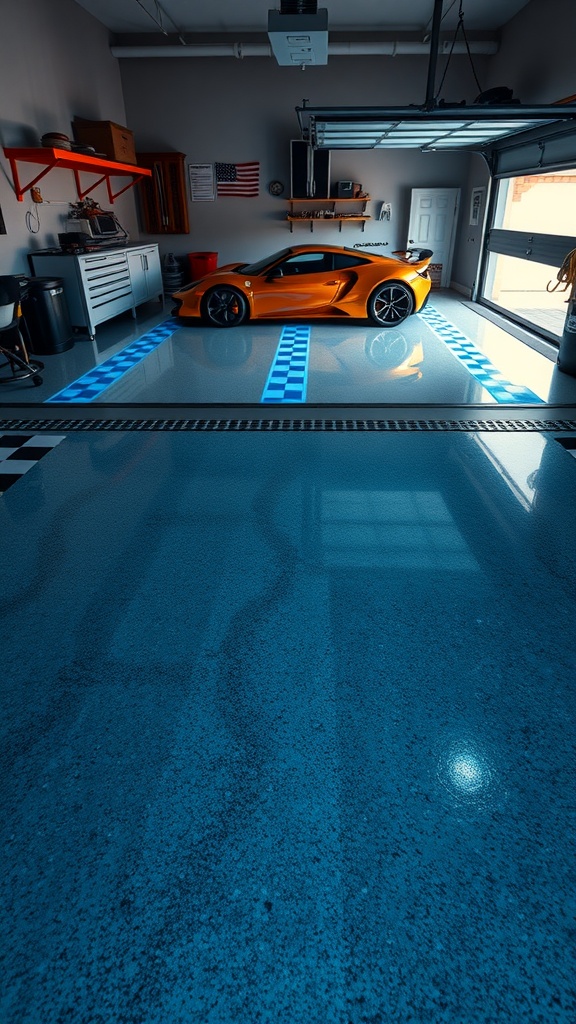 A well-designed garage with a glow-in-the-dark epoxy floor, highlighting a sleek, modern aesthetic.