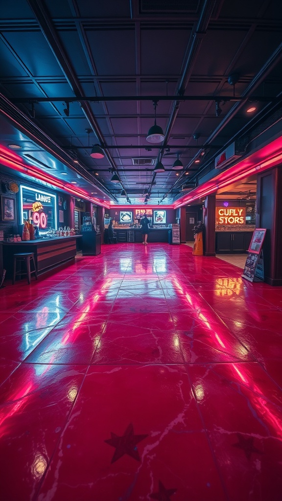 A modern living space featuring a car and a glow-in-the-dark epoxy floor design.