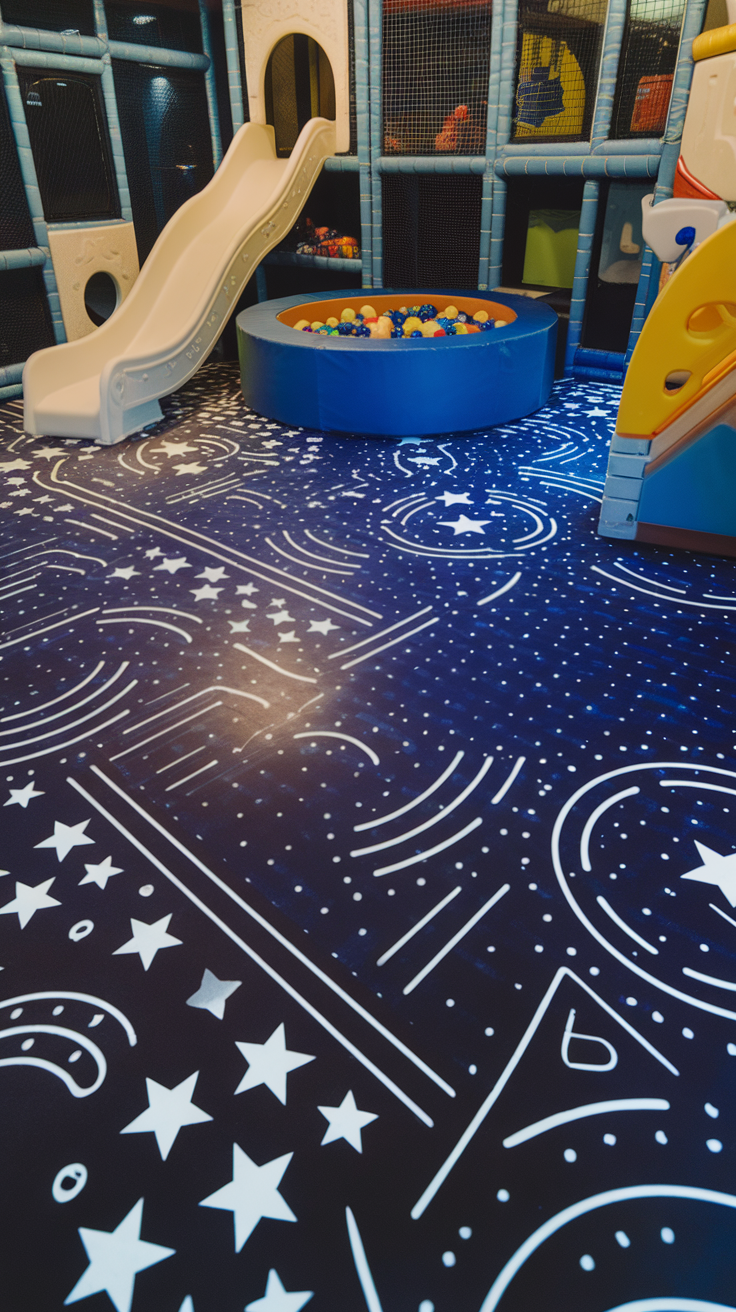 Glow in the dark epoxy floor with star patterns in a play area