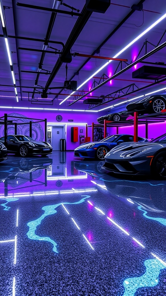 A luxury garage interior featuring glowing metallic epoxy flooring and stylish LED lighting, showcasing several high-end cars.