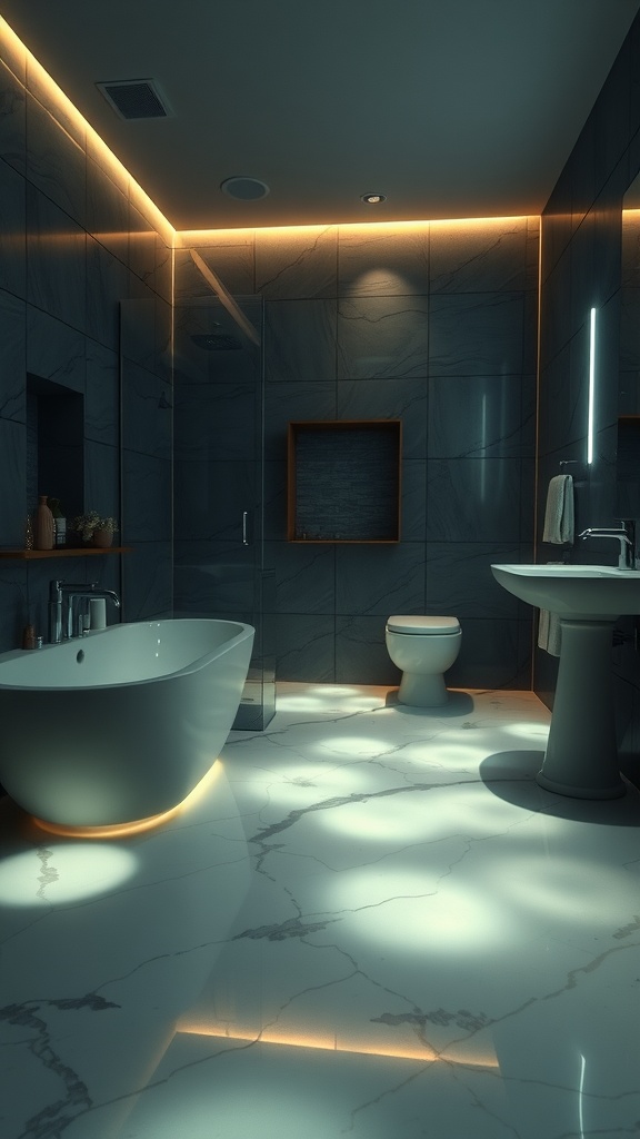 Modern bathroom with glowing epoxy floors and ambient lighting