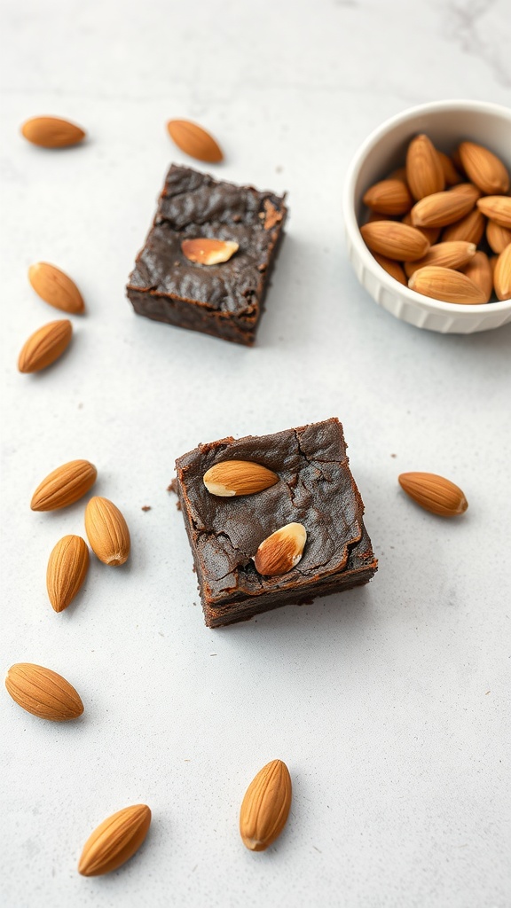 Delicious gluten-free almond brownies topped with whole almonds.