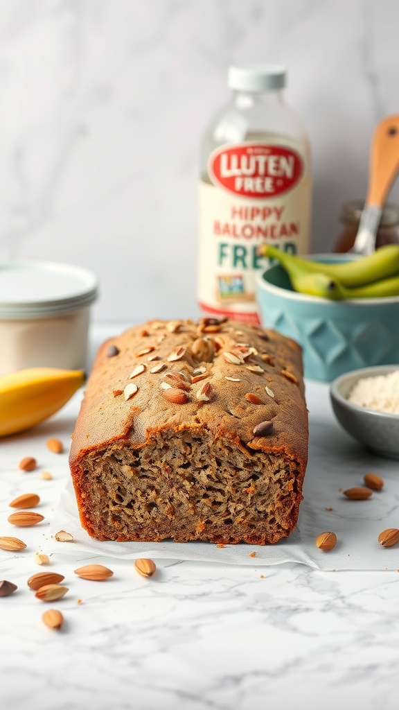 A delicious loaf of gluten-free banana bread topped with nuts and seeds.
