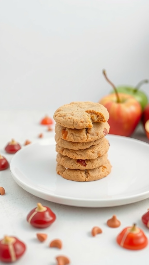 A stack of gluten-free candy apple cookies on a plate with apple pieces and chocolate chips scattered around.
