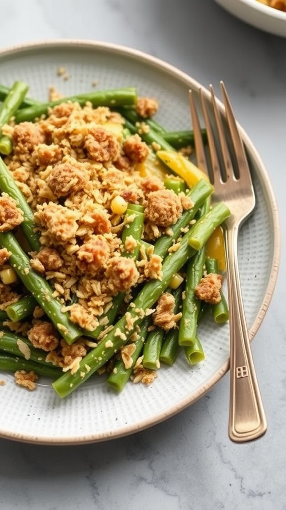 A serving of gluten-free green bean casserole with crispy topping and green beans.