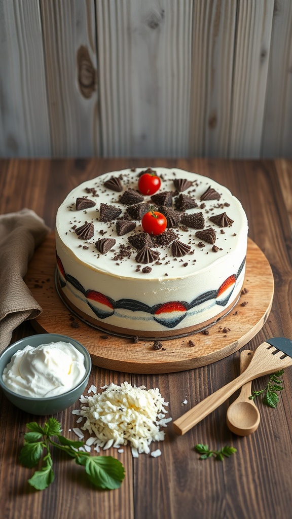 A beautifully decorated Neapolitan cake with layers of chocolate, vanilla, and strawberry.