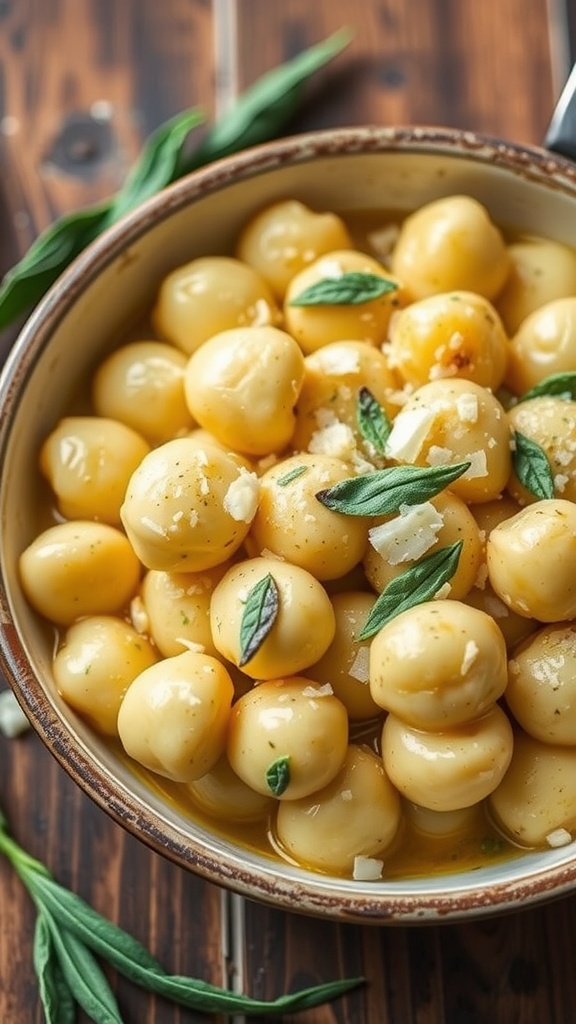 A bowl of gnocchi in sage butter sauce garnished with sage leaves and Parmesan cheese.