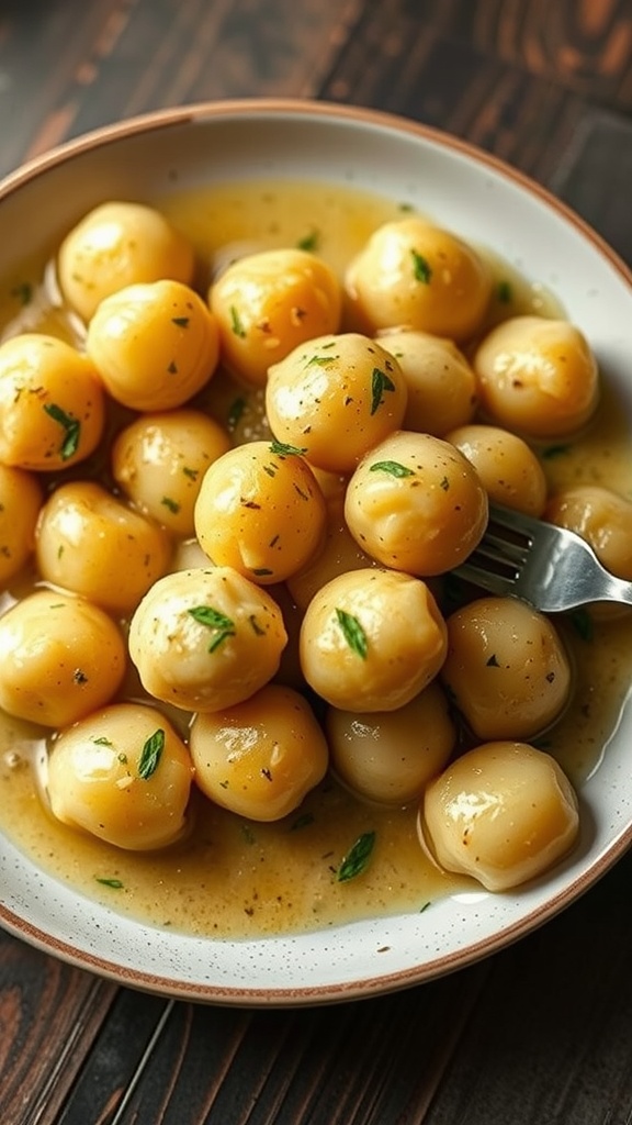 A bowl of gnocchi coated in garlic butter sauce with parsley garnish.