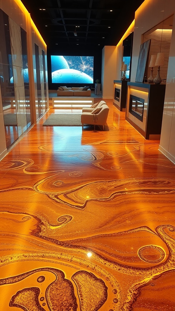 A luxurious epoxy floor resembling golden desert sands with swirling patterns in a modern home setting.