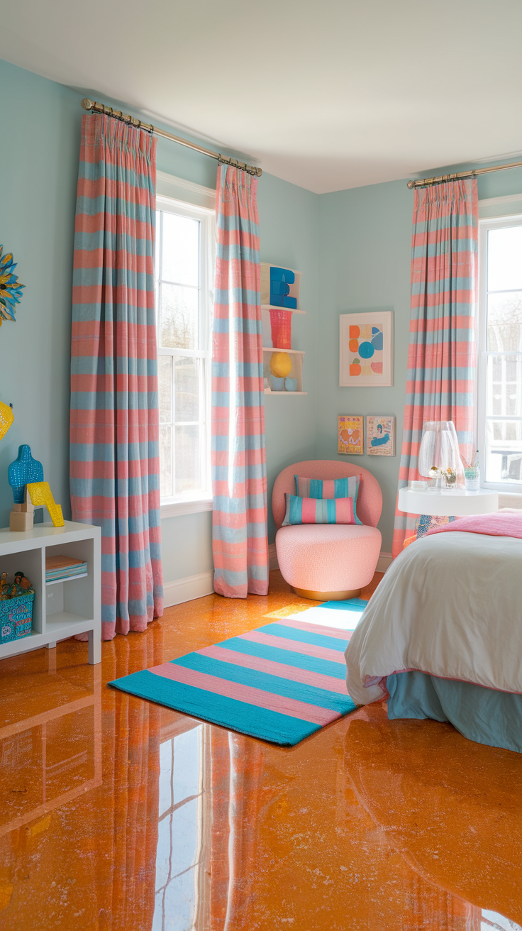 A cozy bedroom featuring golden yellow flake flooring, blue bedding, and patterned curtains.