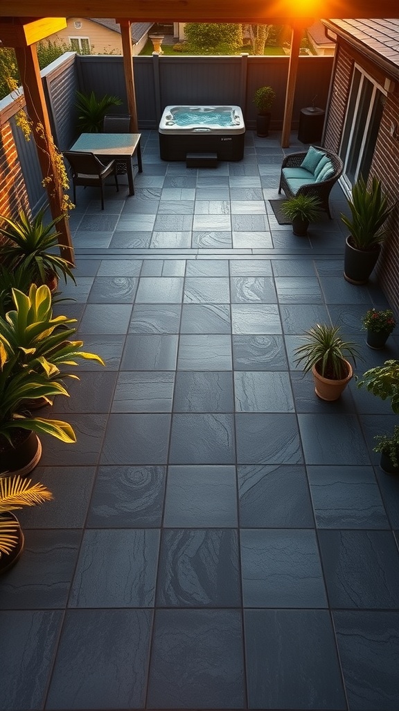 A stylish patio with dark gray stamped concrete and plants, showcasing a modern outdoor space.