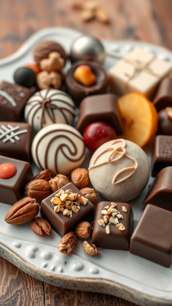 A gourmet chocolate tasting platter with assorted chocolates, nuts, and dried fruits.