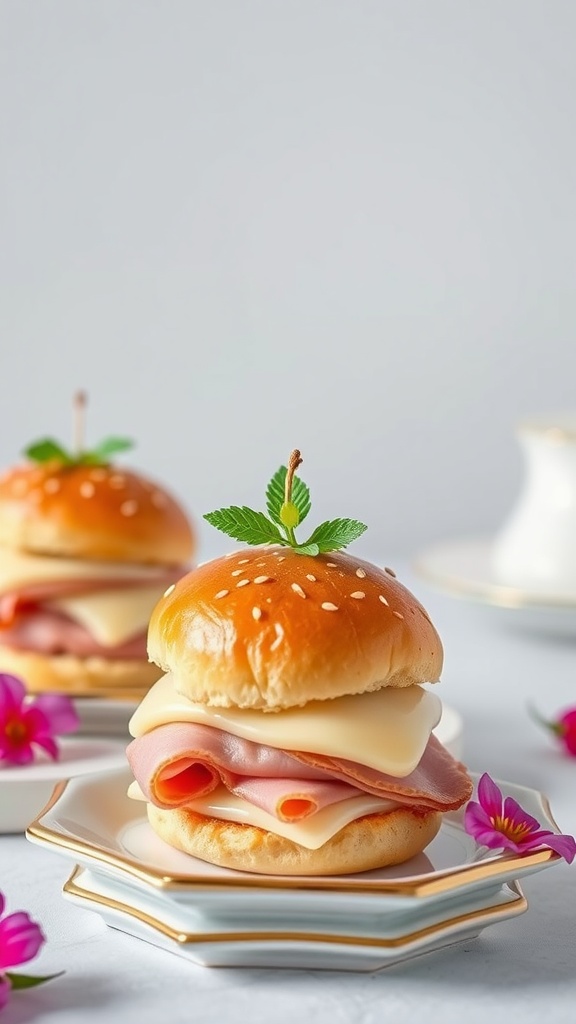 Gourmet ham and cheese sliders on a decorative plate