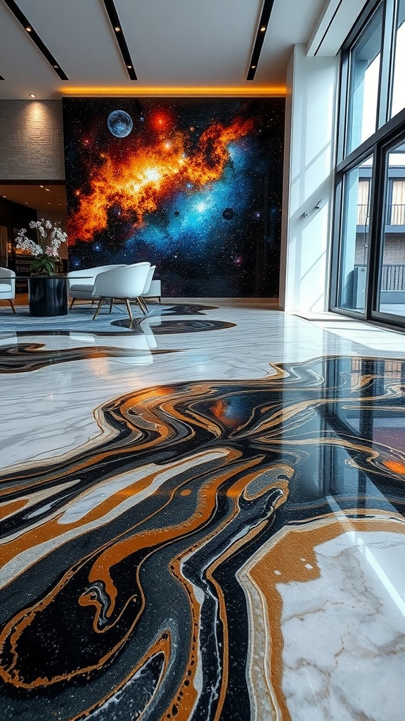 A beautiful epoxy floor design featuring gradient blends of black and gold, contrasting with a cosmic mural on the wall.
