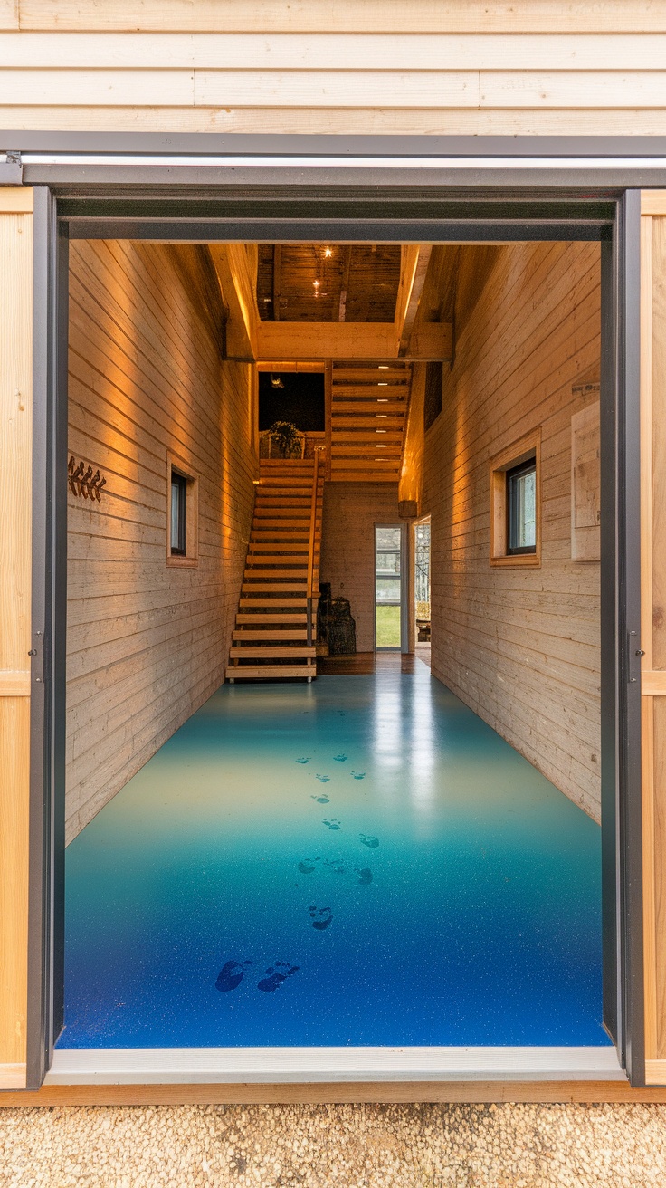 A gradient epoxy floor in a barndominium, transitioning from blue to a lighter shade, with footprints visible.