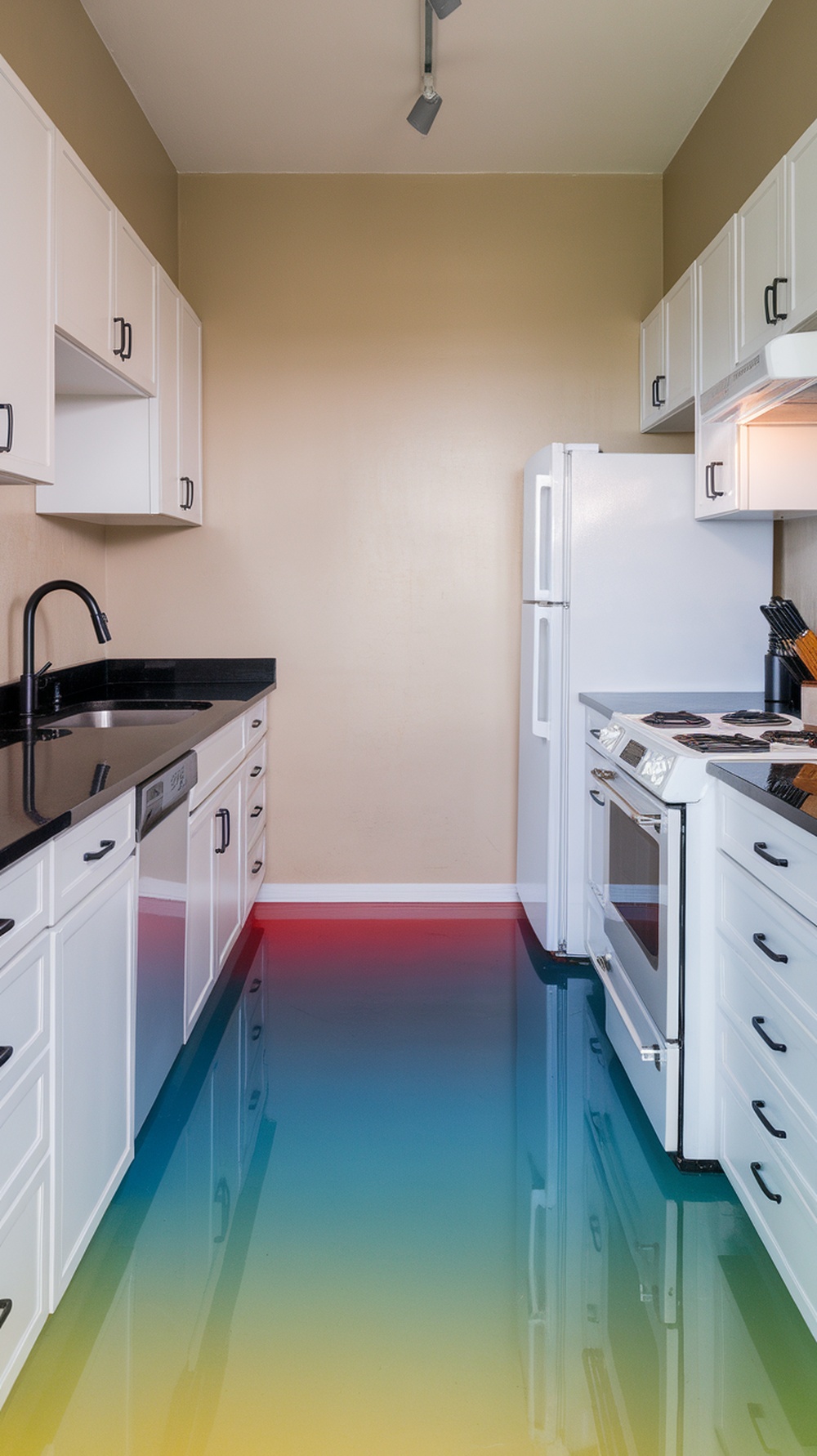 A kitchen with gradient color epoxy flooring transitioning from red to blue, showcasing modern design.