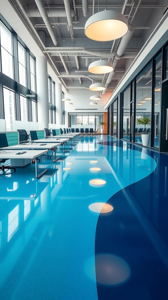 A vibrant gradient color transition in epoxy flooring, showcasing a mix of red, blue, and purple hues.