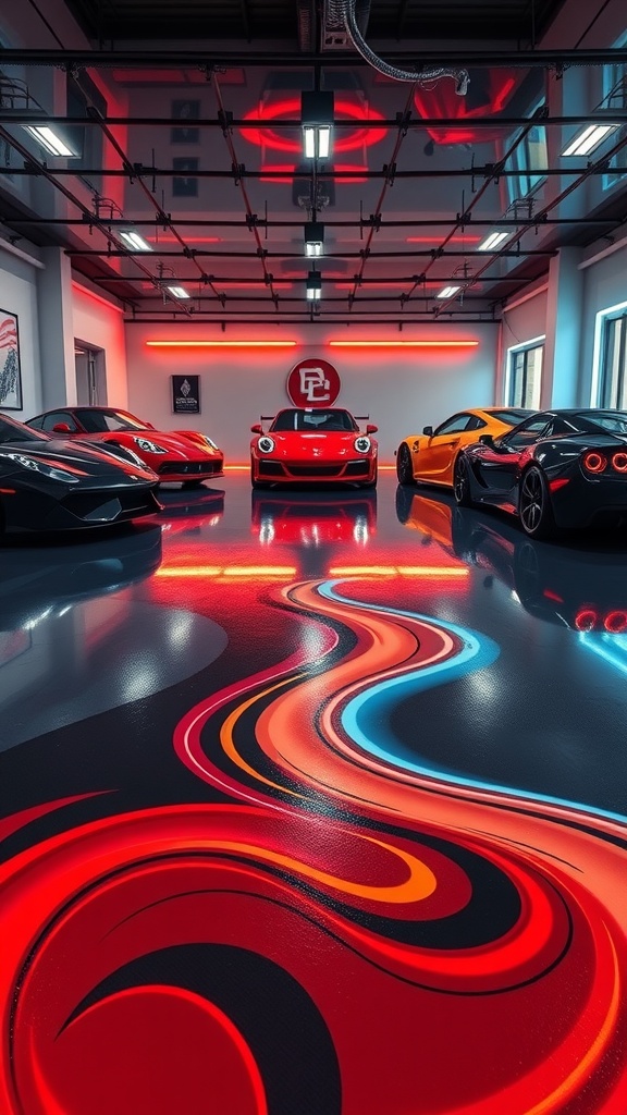 Garage with gradient epoxy floor showcasing vibrant red, orange, and blue transitions, surrounded by luxury cars.