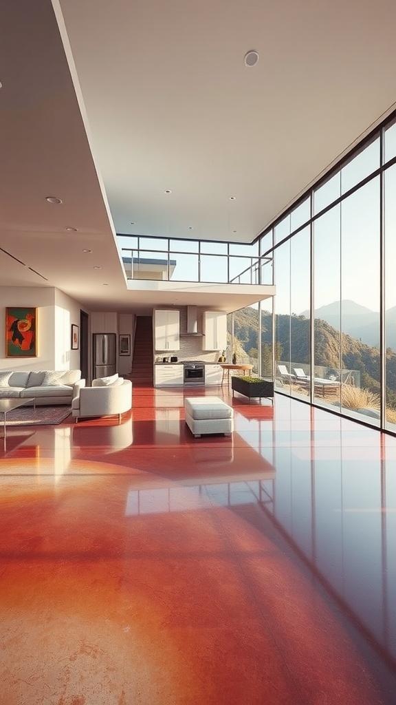 Interior of a modern home with gradient epoxy flooring and large windows showcasing hillside views.