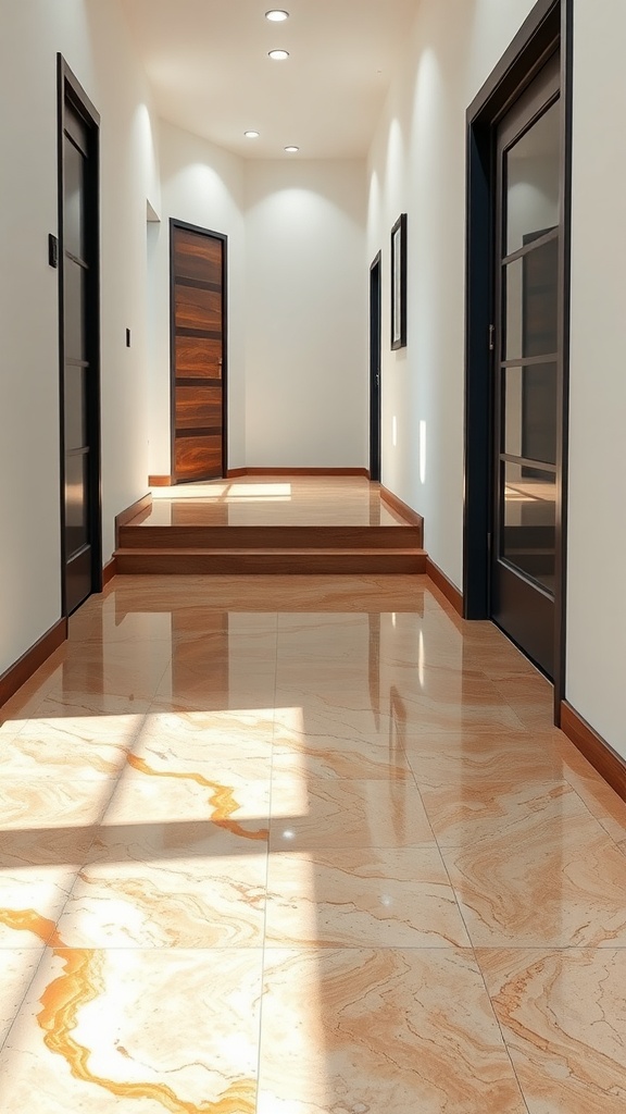 Interior hallway with gradient epoxy floor design featuring warm marble-like patterns.