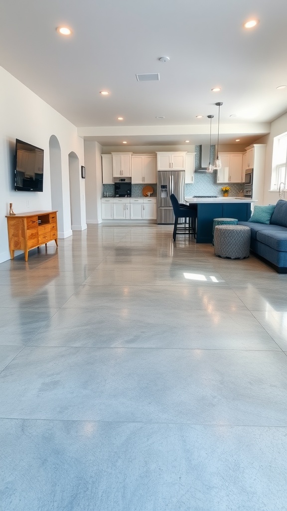 A modern kitchen with gradient epoxy flooring showcasing a blend of light and dark blue shades.