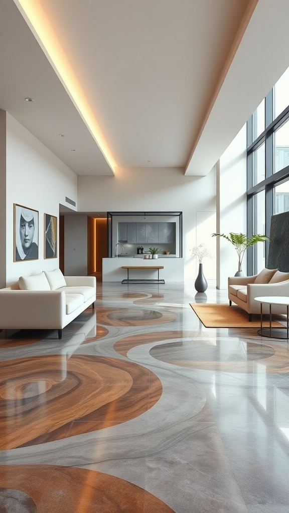 Interior space with gradient epoxy concrete floor featuring swirling patterns in earthy tones.